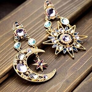Sun Moon Stars Drop Earrings Gem Crystal Rhinestone Gold Boho Vintage Statement